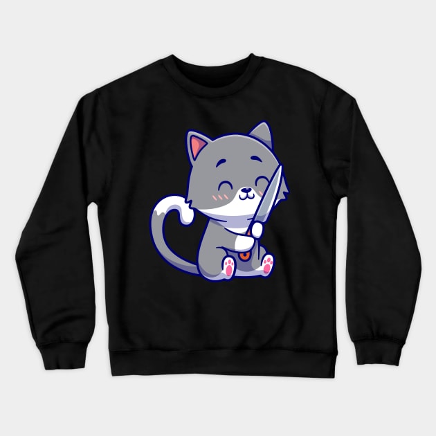Cute Cat With Knife Cartoon Crewneck Sweatshirt by Catalyst Labs